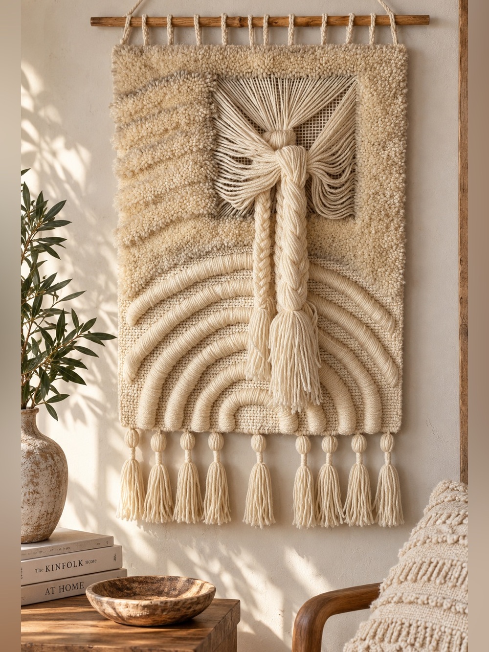 Vintage 70s Sculptural Fiber Art MacramΓ© Wall Hanging Cream Boho MCM